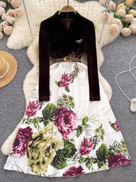 Casual Dresses Autumn Winter Elegant Velvet Patchwork Floral Jacquard Dress Women V Neck Bow Letter Belt Midi Evening Party One Piece