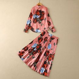 Summer Pink Floral Rose Print Two Piece Dress Sets Long Sleeve Lapel Neck Single-Breasted Blouse With Pleated Mid-Calf Skirt Set 2 Pieces Suits S4F210221