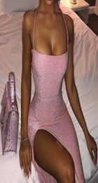 Glitter Pink Lace Up Open Back High Split Maxi Dress 2022 Summer Clubwear Bodycon Party Hollow Out Vestidos Casual Dresses2389667