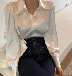 Women039s Blouses Shirts 2022 Loose Silk Satin Womens Tops Button Up Puff Sleeve Office Solid Shirt Women White Blouse Blusas3506939