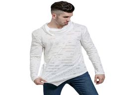 Titmsny Male Long Sleeve T Shirt Ripped Holes Streetwear T Shirt Men Fashion Men039s Turtleneck Casual Top Long Asymmetric Hem1547191