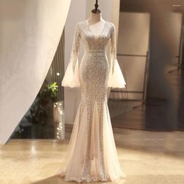 Party Dresses Champagne V-Neck Sequin Evening Dress Mermaid Trumpet Floor-Length Elegant Prom Gown