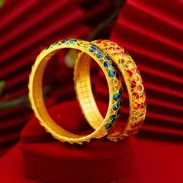 High quality womens gold AU750 enamel hollow lotus 999 bracelet 24k national trend style lotus leaf lotus bracelet 240520