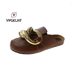 Slippers VPGKLNT Spring And Summer Metal Button Toe Cap Half Women's Thick Soled Flat Shoes