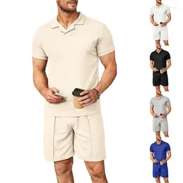 Men's Tracksuits Suits Summer Waffle V-neck Polo Shirt With Flip Collar Short Sleeved T-shirt Set