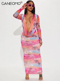 Casual Dresses Women 2024 Autumn Winter Long Sleeve Hooded Maxi Dress Party Streetwear Bodycon Pink Print V Neck Wholesale Items