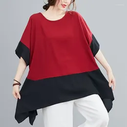 Women's Blouses Fashion O-Neck Spliced Irregular Batwing Sleeve Clothing 2024 Summer Loose Casual Tops Asymmetrical Shirts