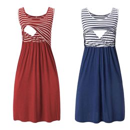 Pregnant Womens Tanks For Breastfeeding Maternity Casual Sleeveless Stripe Print Patchwork Nursing Dress Pregnancy Clothes L2405