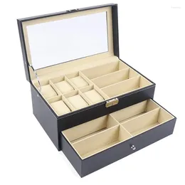 Watch Boxes 15 Slot Pu Sunglasses And Storage Case Glasses Display Drawer Double Layer With Glass Cover