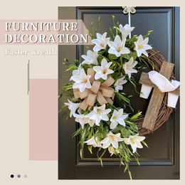 Decorative Flowers Spring Decoration Easter Wreath With Cross Bow Tie Rustic Grapevine Decorating DIY Front Door