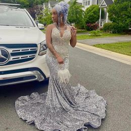 Sparkly Silver Sequins Prom Dresses For Black Girls 2024 Crystal Diamonds Beaded Mermaid Evening Patry Gowns Robe de soiree