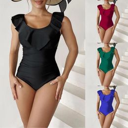 Women's Swimwear Summer Ruffled Women Double Layer Spaghetti Strap Bathing Suits Female Round Neck Swimsuits One Piece Monokini