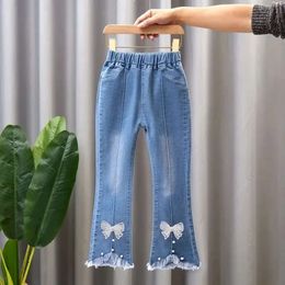 Baby Girls Casual Trousers Kids Flower Bow Bell-bottoms Cowboy Autumn Spring Flared Jeans Children's Pants 4-10 Yrs