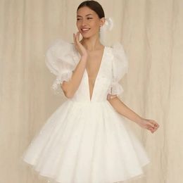 Modern Sleeve Short A Line Wedding Dresses Pearls Deep V Neck Mini Bridal Puffy Skirt Second Reception Gown