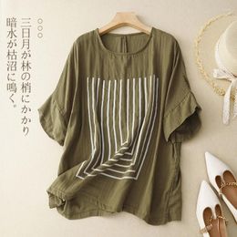 Women's Blouses Limiguyue Loose Cotton Linen T-Shirt Summer Literary Striped Print Batwing Sleeve Women Basic Causal Tops All Match E821