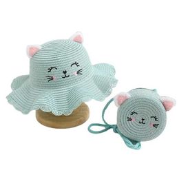 Caps Hats Cute Cat Summer Baby Hat Girl Handbag Straw Set Princess Party Holiday Beach Sun Panama Gorros d240521