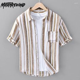 Men's Casual Shirts Linen Shirt Men Summer Beach Breathable Tops Harajuku Fashion Short Sleeve Striped Causal Vintage Clothes