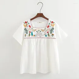 Women's Blouses Summer Women Cartoon Hedgehog Forest Tree Embroidered Shirt White Colour Square Collar Short Sleeved Cotton Blouse Tops U316