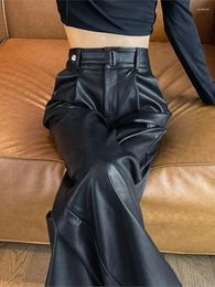 Women's Pants Black PU Wide Leg Women High Waisted Loose Leather For Fashion Elegant Genuine