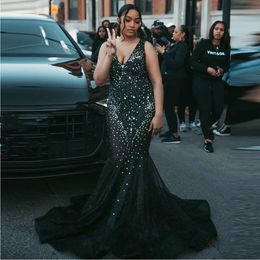 Mermaid Prom Dress 2024 For Black Girls Beads Crystal Sequined Sparkly Graduation Party Gown V Neck Evening Dresses 0521