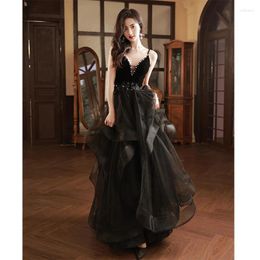 Party Dresses Black French Style Suspender Evening Dress Women V-Neck Zipper Irregular Skirt Hem Prom Gown Exquisite Elegant Formal