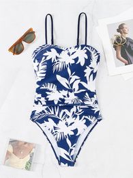 Women's Swimwear S - XL Flowers Printed High Leg Cut One Piece Swimsuit Women Female Backless Padded Bather Bathing Suit Swim K5356