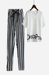 Womens Set Summer White Letter Printed T Shirt Sexy Cropped Tops Striped Pants Calf Length Casual Tracksuit S65347R4802147