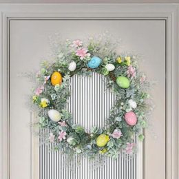 Decorative Flowers Easter Egg Wreath Spring Summer Green Leaves With Colorful Eggs Door Garland For Front