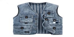 Men039s Vests Mens Cargo Denim Vest Multi Pockets Sleeveless Jacket Fashion Washed Jeans Waistcoats For Male3493543