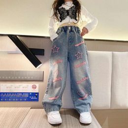 New 2024 Spring Teenagen Girls Jeans Stars Love Towel Embroidered wide Leg Long pants Baggy Denim Trousers for 4-13yrs Kids Girl