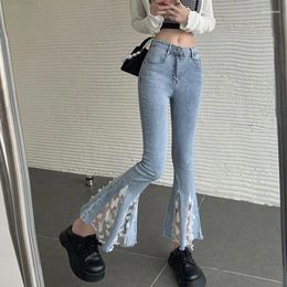 Women's Jeans Ankle-length High Waist Women Cute Lace Ruffles Patchwork Skinny Flare Pants Female Harajuku All-match Denim Trousers