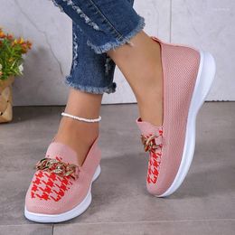 Casual Shoes Knitted Houndstooth Loafers Woman Comfortable Slip-on Mesh Sneakers Ladies Fashion Thick Sole Chain Buckle Net Moccasin De