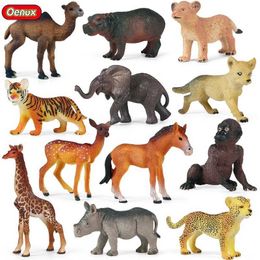 Novelty Games Oenux Small African Wild Animals Simulation Lion Hippo Deer Action Figure Figurines Cake Toppers Miniature Model Education Toys Y240521