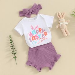 Clothing Sets Infant Baby Girl Easter Clothes Outfits Letter Print Short Sleeve Rompers Bobbles Shorts Headband 3Pcs Summer