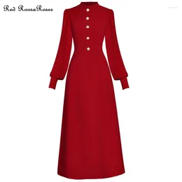Casual Dresses Red RoosaRosee Round Collar Long Lantern Sleeve Diamond Buttons Office Pencil Dress Autumn Winter 2024 Women Vestidos Robe