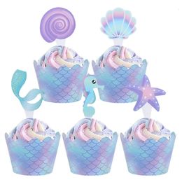Mermaid Party Cupcake Toppers Under the Sea Theme Birthday Wedding Decor Ocean Wrappers Girls Baby Shower Supplies 240510
