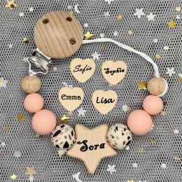 Pacifier Holders Clips# 1Pc Personalised name customization wooden baby pacifier chain clip silicone bead dummy buckle toothbrush pendant newborn gift d240521