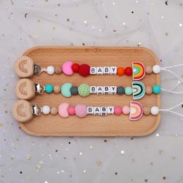 Pacifier Holders Clips# Personalized name for baby pacifier clip Rainbow wood silicone denture clip chain BPA free dental toy accessories d240521