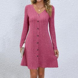 Casual Dresses Knitted Mini Dress Chic V-neck Striped Button A-line Flattering Big Hem Tight Waist Solid Colour For Fall/winter