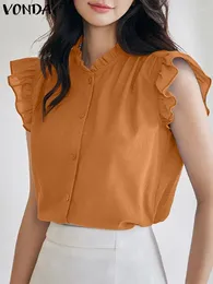Women's Blouses VONDA 2024 Summer Women Tops Fashion Sleeveless Solid Color Ruffles OL Work Office Shirts Casual Vintage Tunic Blusas