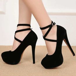 Dress Shoes Pumps High Heel Women New Style Flock Fashion Cross Straps 14cm Heel High 4cm Platform Model Nightclub Sexy Plus Size 35-46 H240521