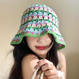 Colorful Dopamine French Hollow Sweet Straw Caps for Women Summer Korean Casual Versatile Seaside Sunscreen Bucket Hat Y2k 240507