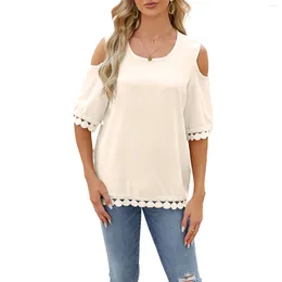 Women's T Shirts Summer Cold Shoulder T-Shirts Loose Half Sleeve Round Neck Solid Color Tunic Streetwear Outfits Aesthetic
