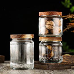 Storage Bottles Glass Jar With Wooden Lid Candy Dried Fruit Coffee Bean Medicinal Sealed Household Striped Bottle