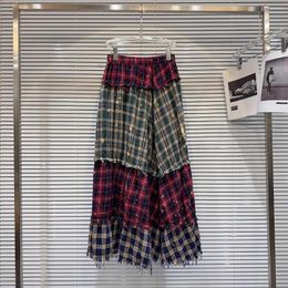 Skirts 2024 Spring Collection Elastic Waist Burgundy Plaid Patchwork Ripped Tassel Long Skirt 4 Faldas