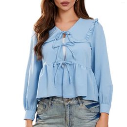 Women's Blouses Casual Prairie Chic Long Sleeve T-Shirt Loose Front Tie-Up Doll Collar Ruffled Tops For Spring Fall