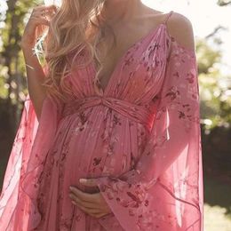 Maternity for Photoshoot Women Summer Floral Thin Chiffon Ankle-Length Dresses Pregnancy Sukienka Female Belly Beach Dress L2405