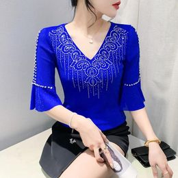 Women's T Shirts 2024 Summer European Clothes T-Shirt Sexy Women V-Neck Hollow Out Shiny Diamonds Ruffles Tops Half Flare Sleeve Tees 45049