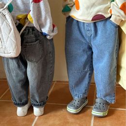 2024 Spring Autumn Boy Girl Children Loose Jeans Solid Retro Baby Denim Fashion Kid Casual Pants Toddler Cotton Trousers