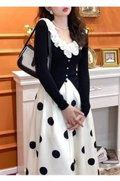 Work Dresses Korean Style Suit Woman Casual Elegant Dot Midi Skirt Long Sleeve Black Crop Tops Slim 2 Piece Dress Set Female Spring Autumn